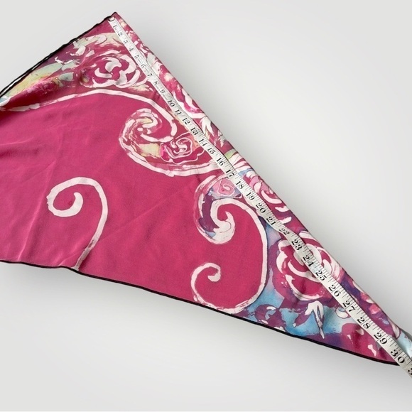Vtg Kathy Robinson Silk Scarf Tie Dye Swirls Pink Black Trim & Tassels Triangle - Picture 12 of 16